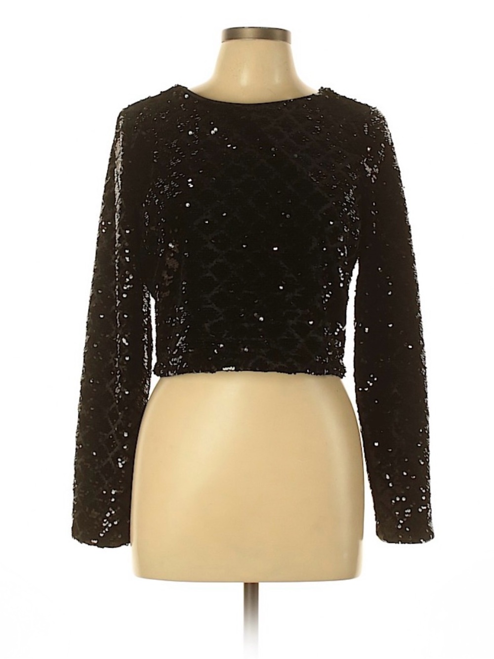 Express Black Sequin Cropped Long-Sleeve Top